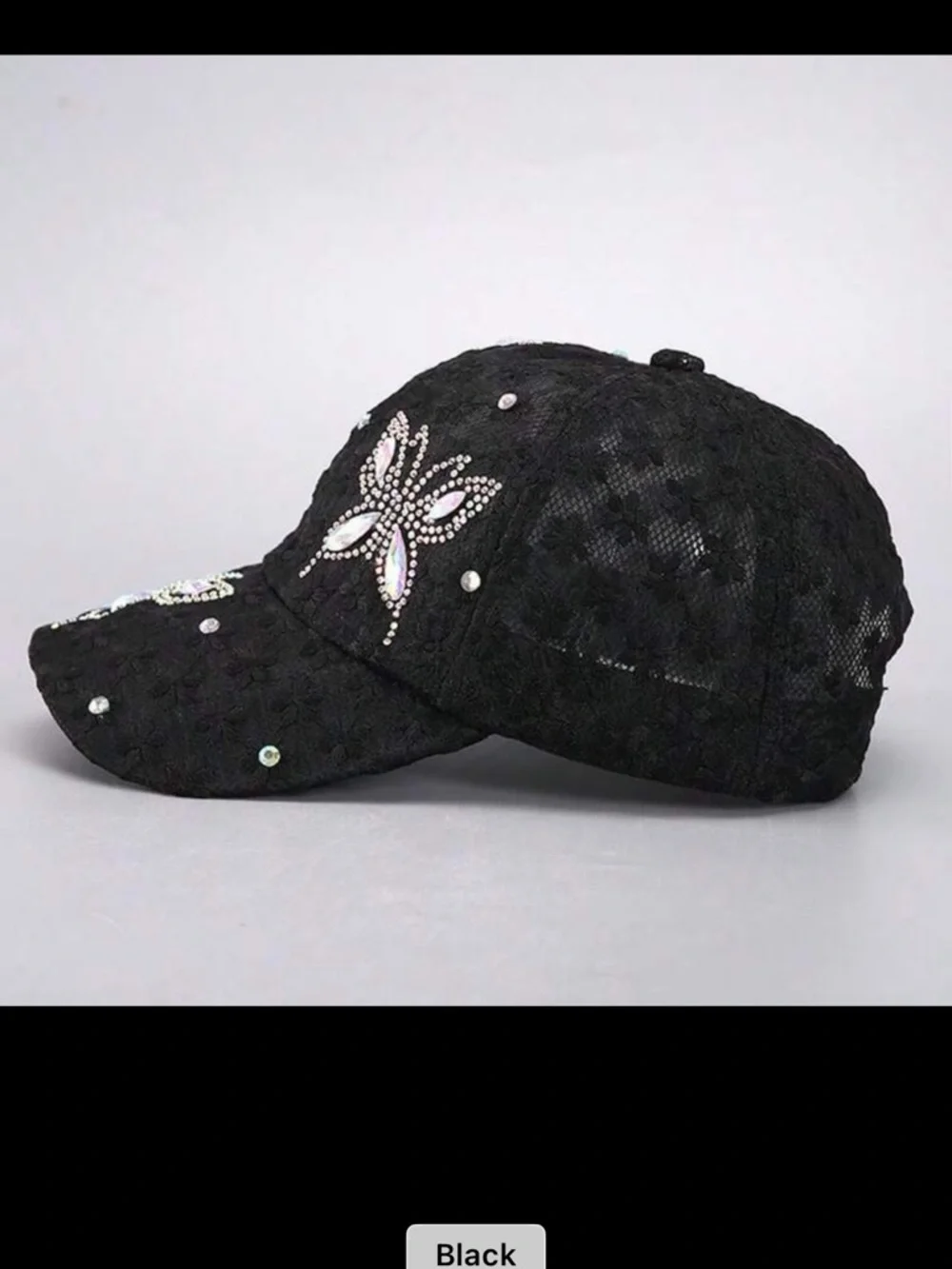 SHEIN Black Lace Cap with Iridescent Crystal Butterflies - Picture 5 of 6